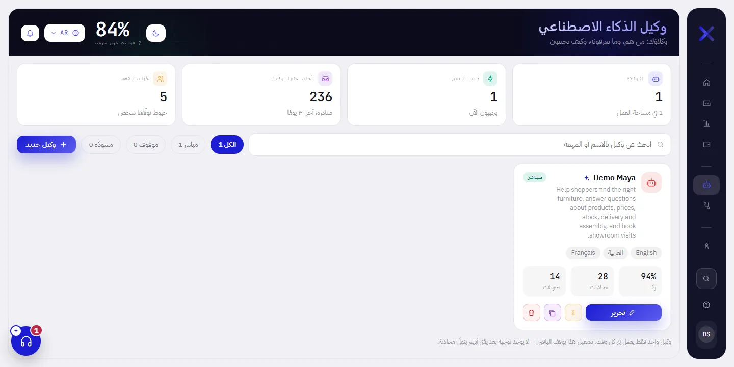 شاشة وكيل الذكاء الاصطناعي: أربعة أرقام، ومربع بحث مع مرشّحات، وبطاقة لكل وكيل.