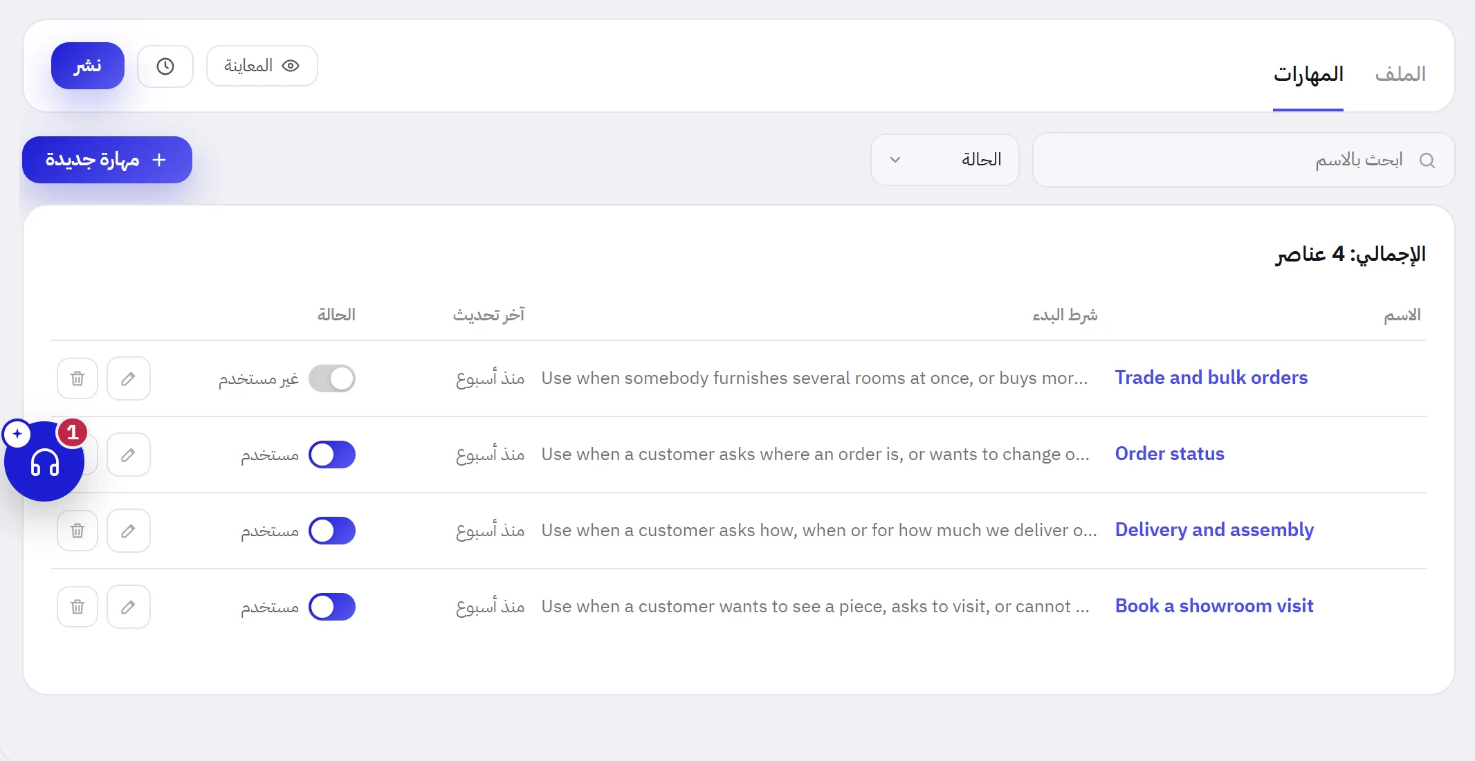 تبويب المهارات لدى أحد الوكلاء: أربع مهارات، لكل منها شرط البدء ووقت آخر تغيير وما إذا كانت مستخدمة.