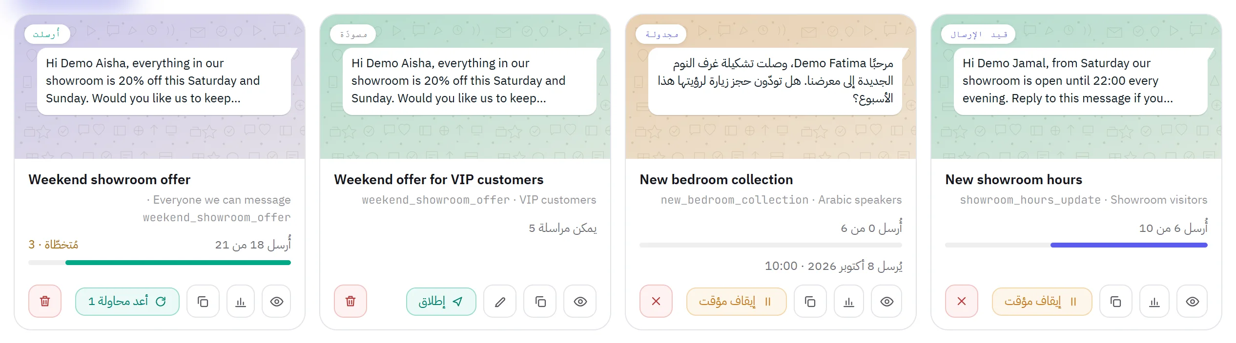 أربع بطاقات حملات متجاورة: واحدة قيد الإرسال، وواحدة مجدولة، وواحدة مسودة فيها زر إطلاق، وواحدة أُرسلت وتُخطّي فيها ثلاثة أشخاص.