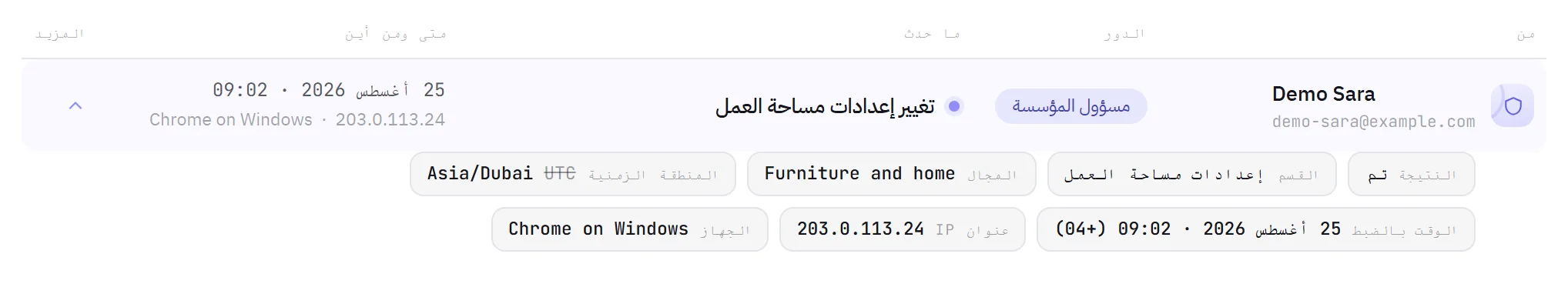 سطر مفتوح من السجل، “تغيير إعدادات مساحة العمل”: النتيجة، والقسم، والمنطقة الزمنية والمجال كما كانا وكما صارا، والوقت بالضبط، وعنوان IP، والجهاز.