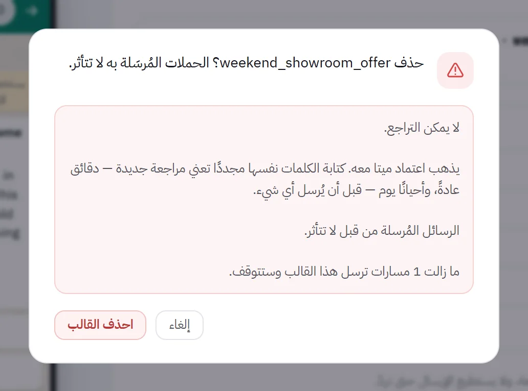 نافذة التأكيد قبل حذف قالب معتمد: لا يمكن التراجع عنه، ويذهب اعتماد ميتا معه، وتبقى الرسائل المرسلة سابقًا كما هي.