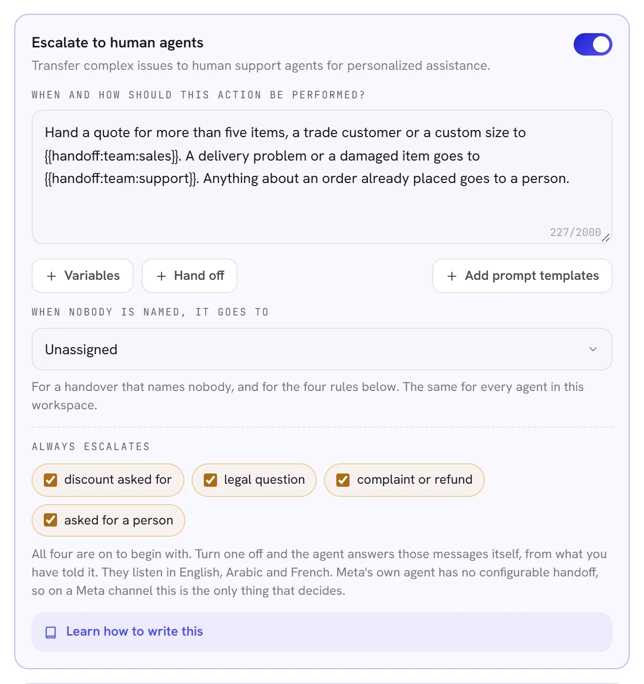 The Escalate to human agents action: its switch, the box that says when to hand over, where a conversation goes when nobody is named, and the four rules that always escalate.