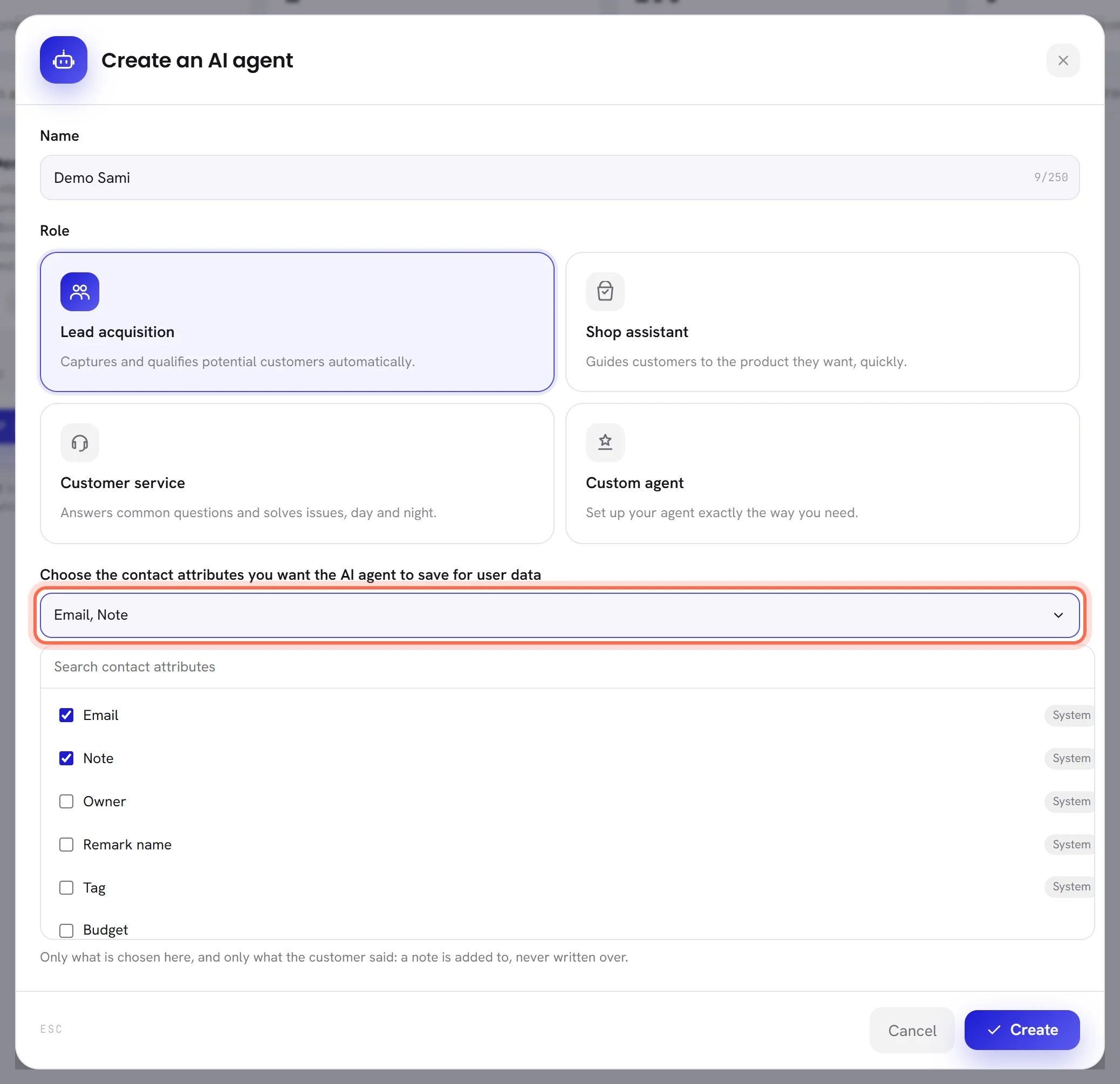 The list of contact attributes, open inside the form, with Email and Note ticked.