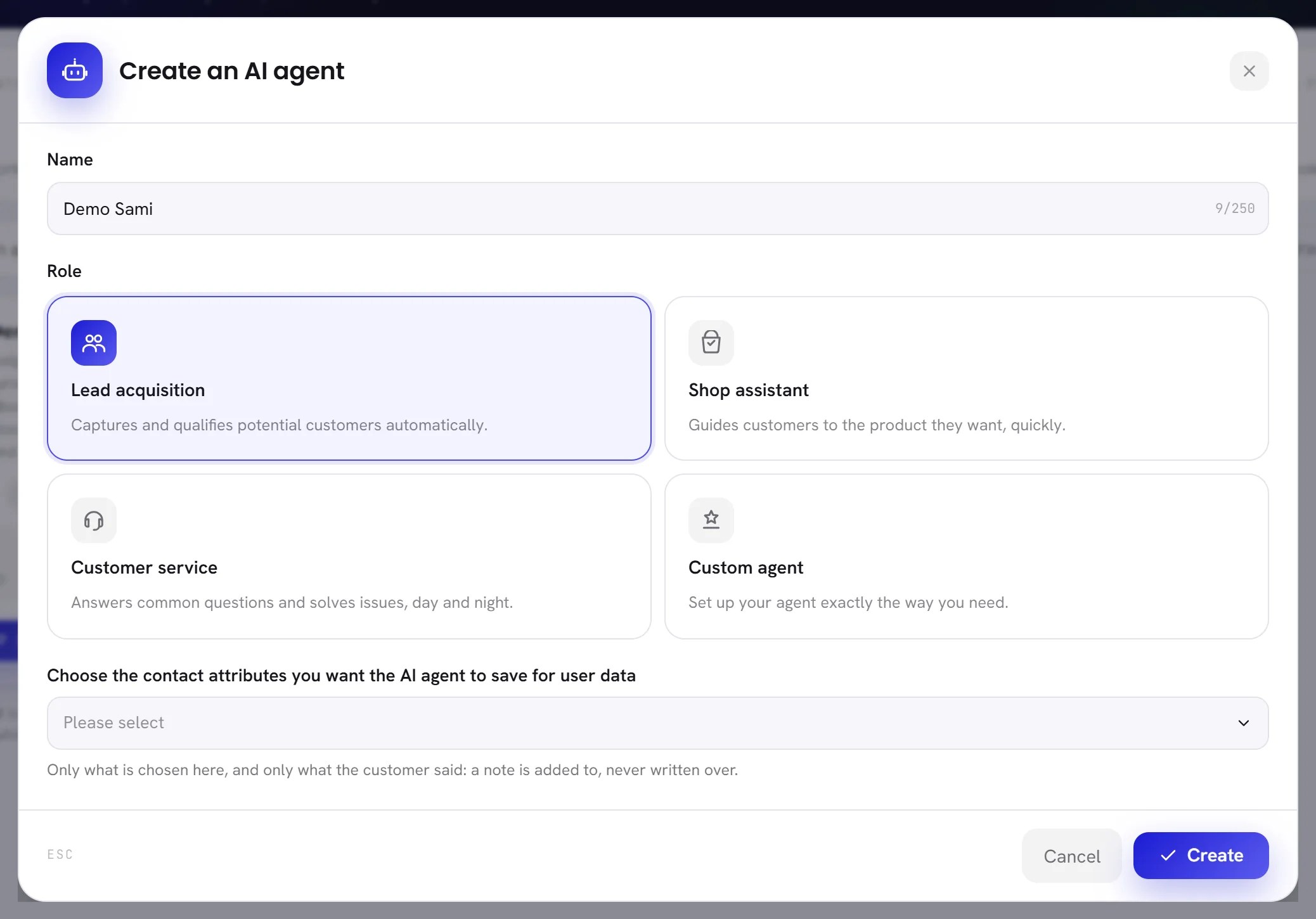 The Create an AI agent form: a name, four roles to choose from, and the contact attributes the agent may save.
