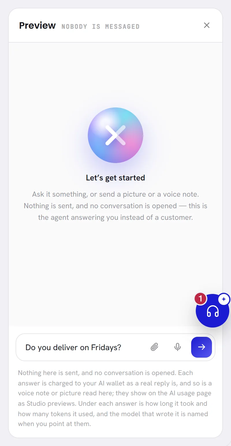 The preview beside an agent’s page, empty, with a question typed in the box at its foot.