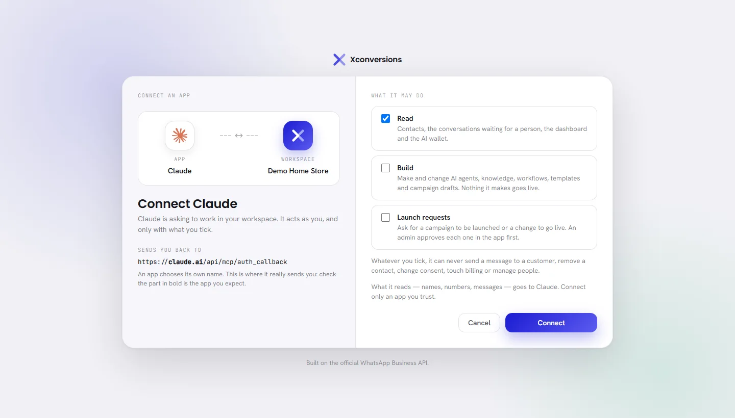 The screen Connect an app: the app with its logo and the workspace side by side, the address it sends you back to, and the three things it may do, with the Cancel and Connect buttons.