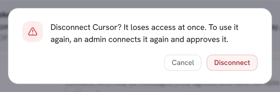 The pop-up that asks whether to disconnect the app, with the Cancel and Disconnect buttons.