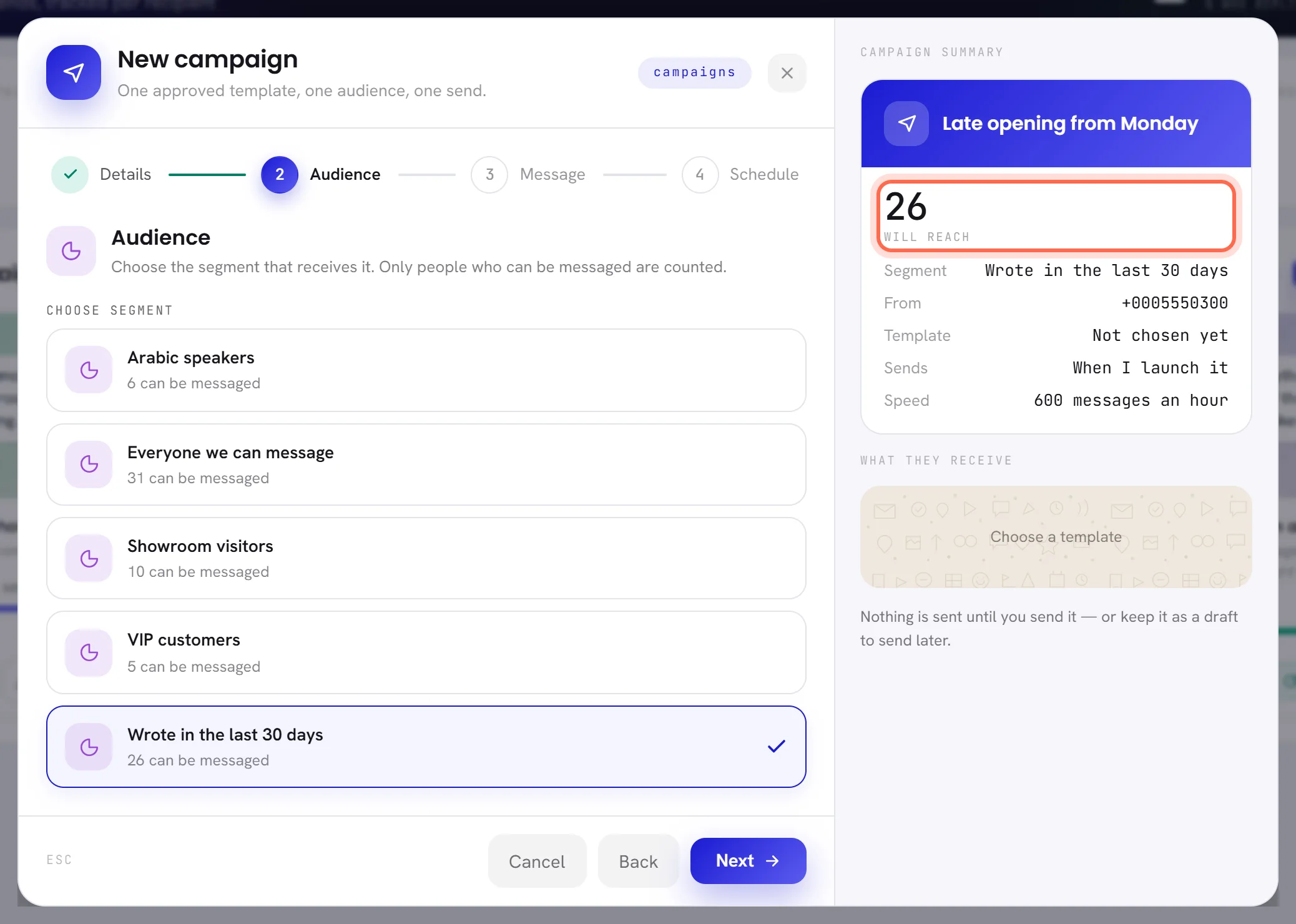 The Audience step: five segments, each with how many of its people can be messaged, one chosen, and the number the campaign will reach ringed in the summary.