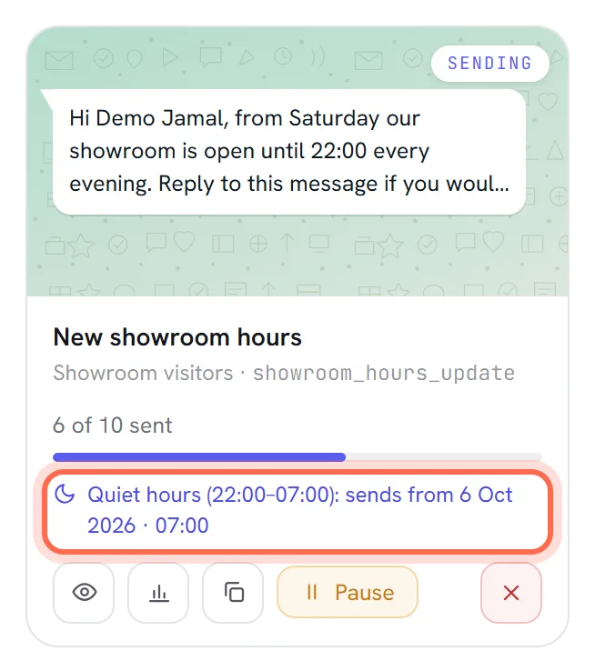 The card of a campaign that is sending, with the ringed line: Quiet hours (22:00–07:00): sends from 07:00.