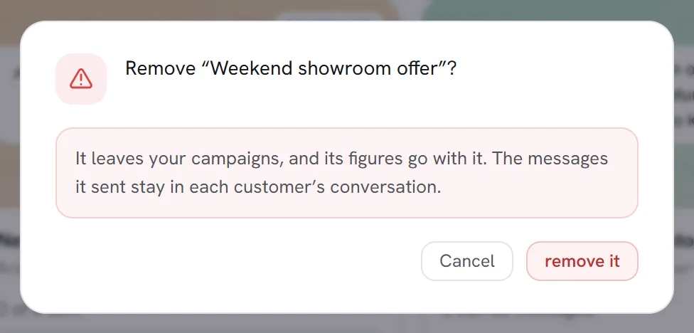 The pop-up that asks before a campaign is removed: it leaves your campaigns and its figures go with it; the messages it sent stay in each conversation.