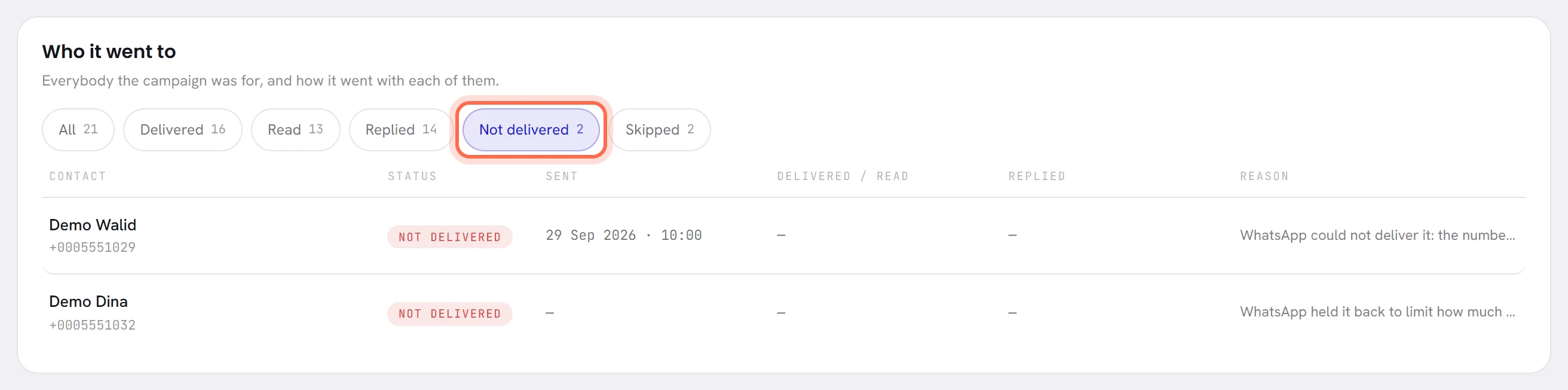 The list narrowed to Not delivered: two people, each with the start of the reason WhatsApp gave.
