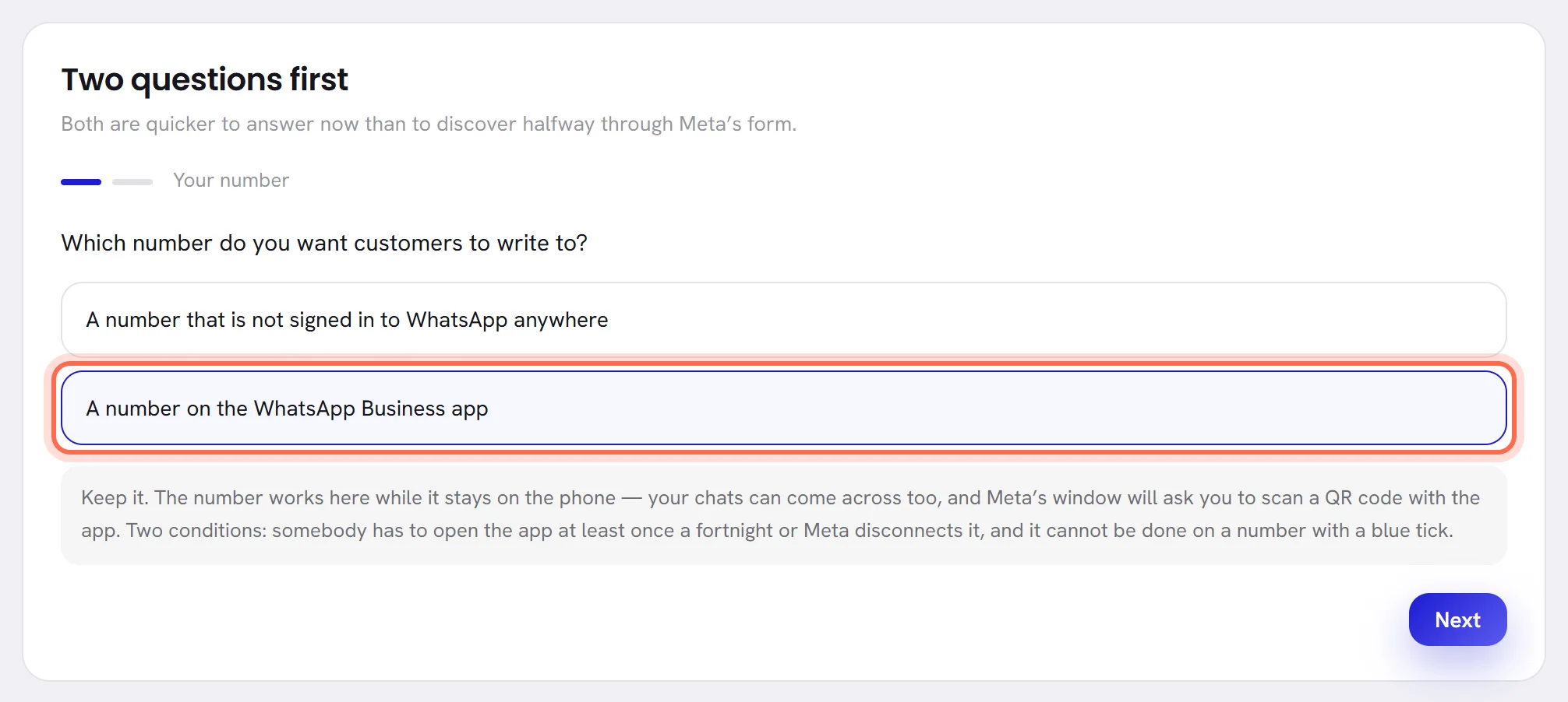 The first question with the answer “A number on the WhatsApp Business app” ticked and ringed, and its advice under it: keep it, with two conditions.