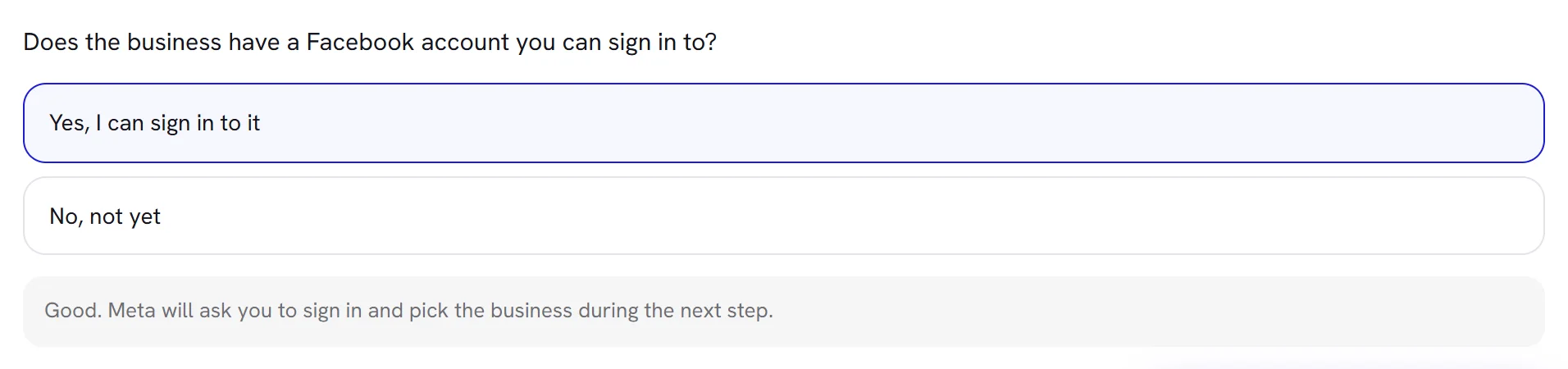 The second question, “Does the business have a Facebook account you can sign in to?”, with “Yes, I can sign in to it” ticked and its advice under it.