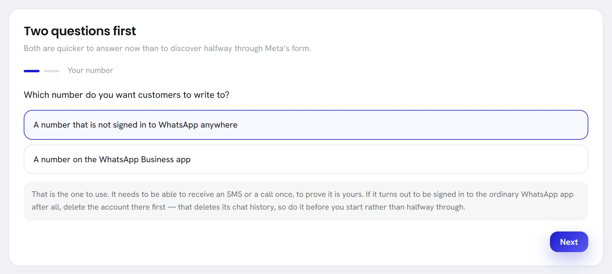 The first question, “Which number do you want customers to write to?”, with the answer “A number that is not signed in to WhatsApp anywhere” ticked and its advice under it.