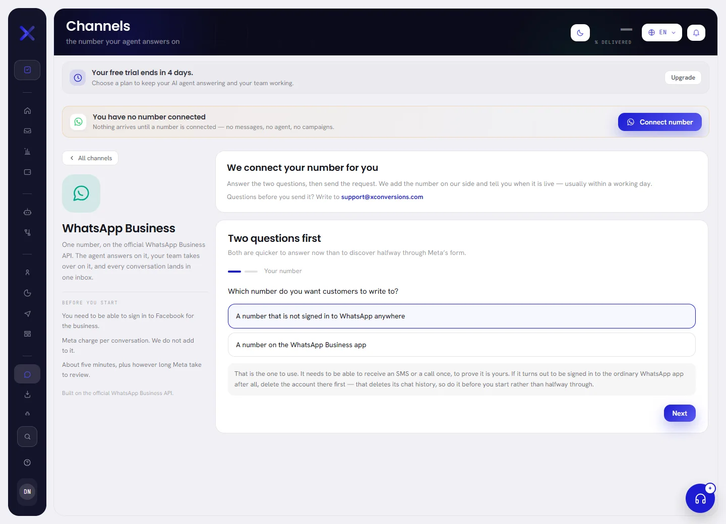 The WhatsApp Business screen: on the left what the channel is and three things to know before starting; on the right the panel “Two questions first” with its first question.