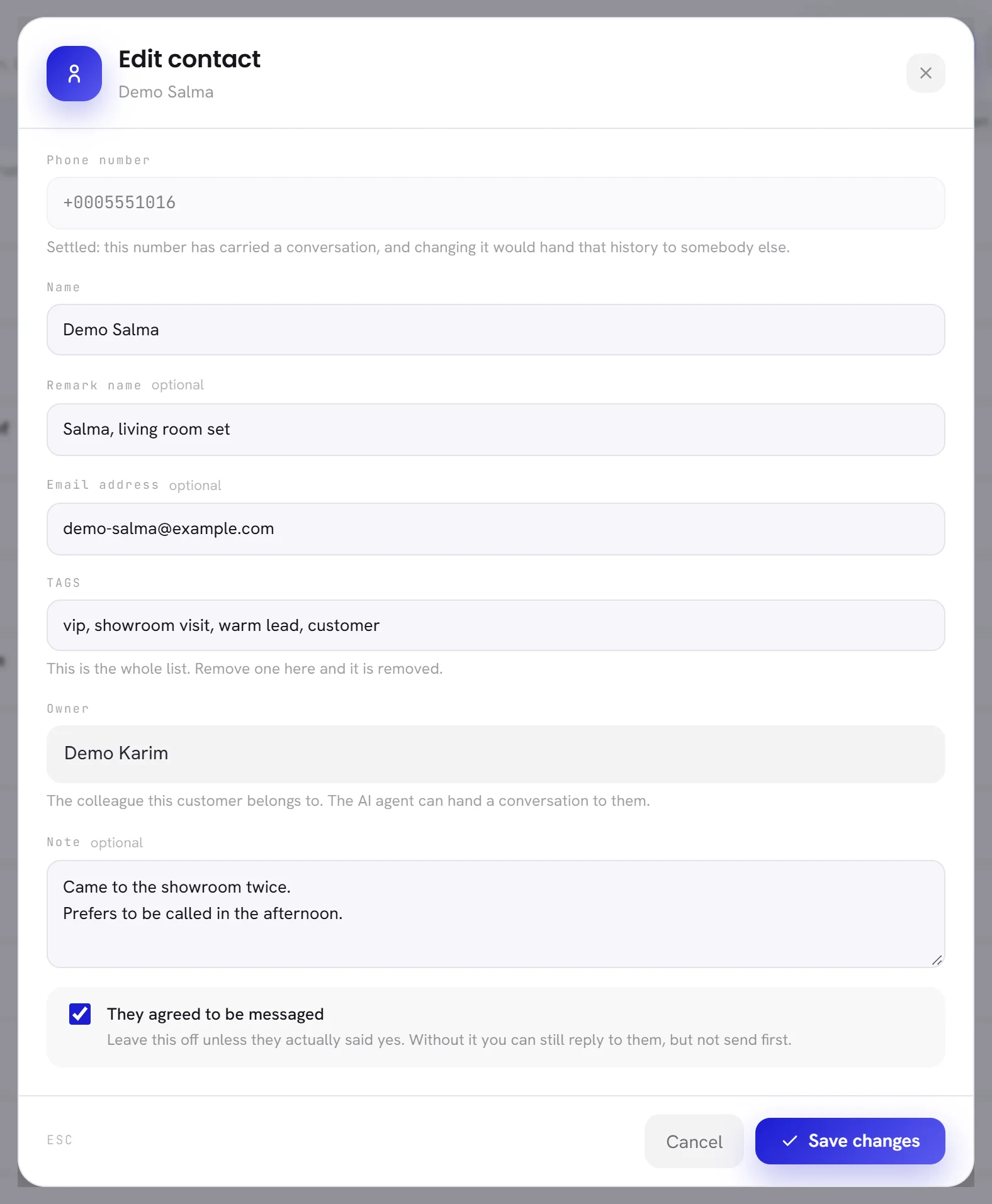 The Edit contact window for Demo Salma: phone number, name, remark name, email address, tags, owner, note, and the consent box.