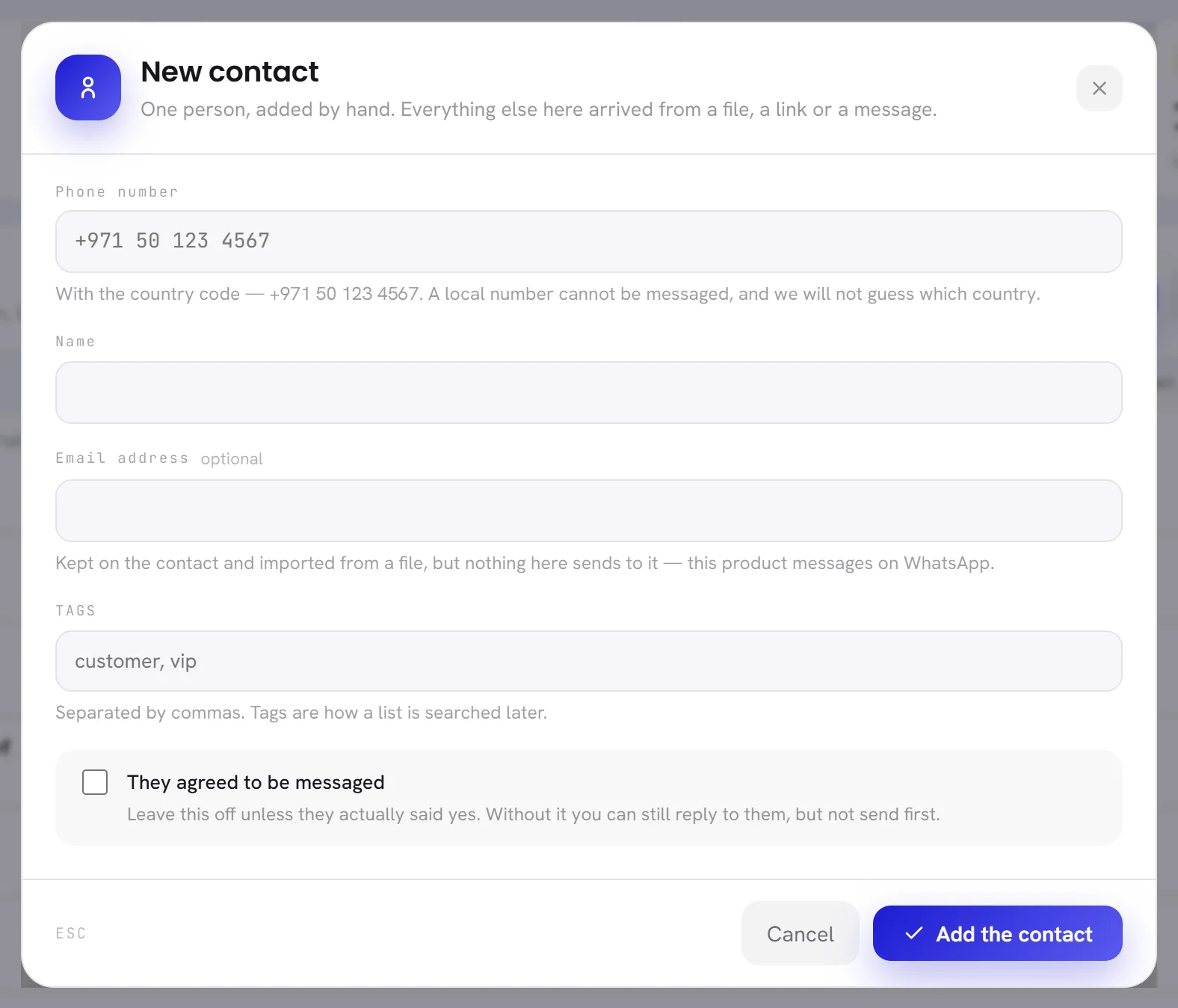 The New contact window: phone number, name, email address, tags, and the box “They agreed to be messaged”.