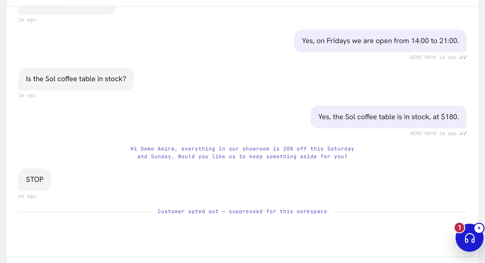The end of a conversation: the customer answered STOP to a campaign’s message, and the line under it says that the customer opted out.