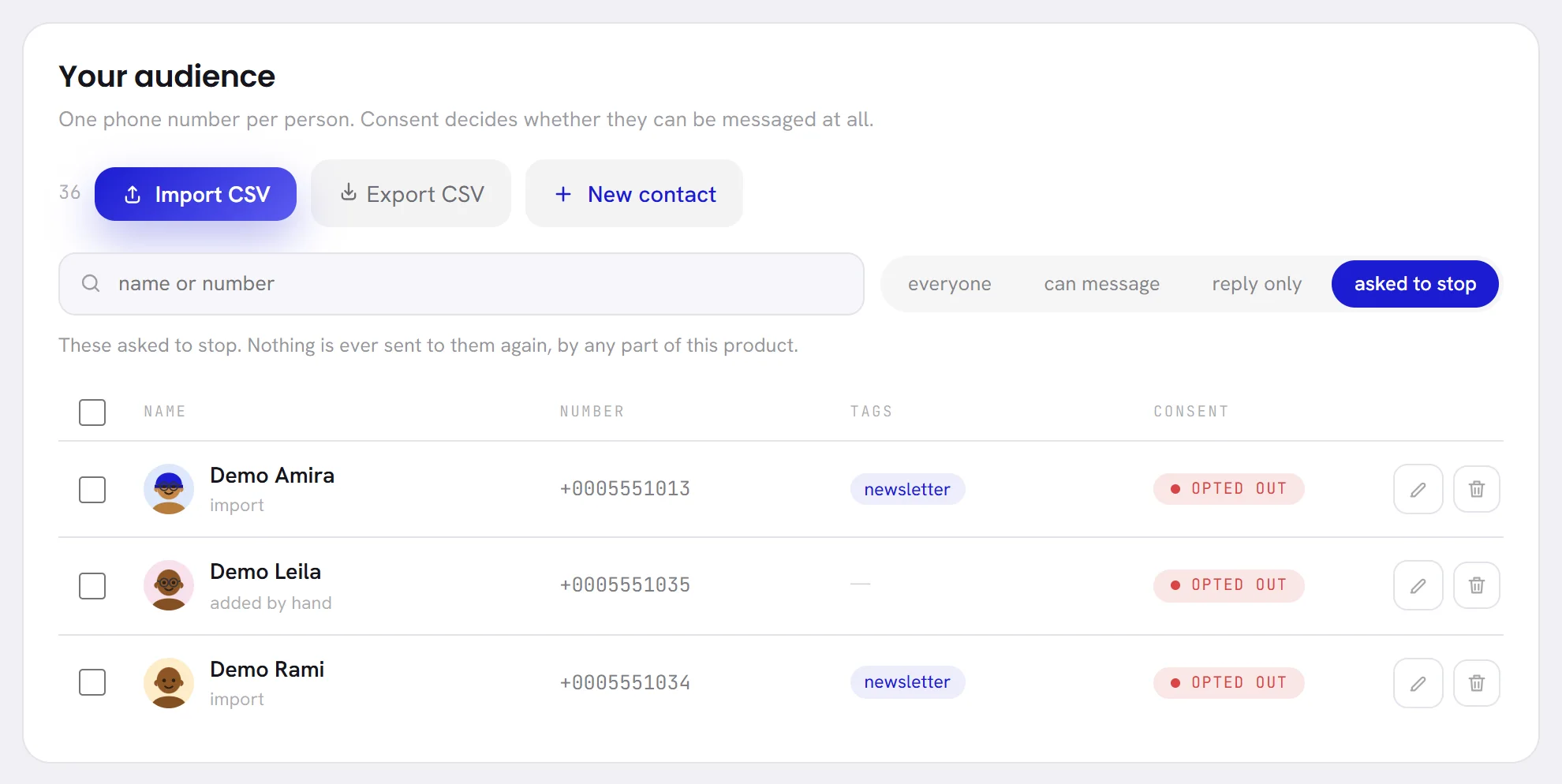 The Contacts list filtered on “asked to stop”: three contacts with the red badge Opted out.