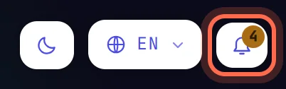 The top corner of the screen, with the bell ringed beside the language menu.