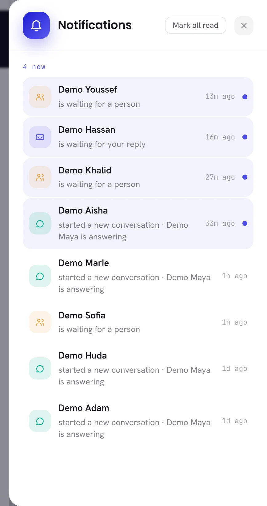 The notifications panel: four new lines tinted with a dot, older lines under them, and Mark all read at the top.