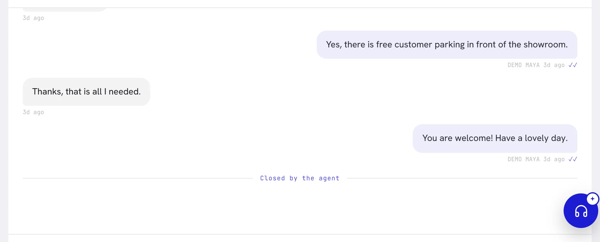 The end of a conversation the agent closed: its goodbye, then the line Closed by the agent.