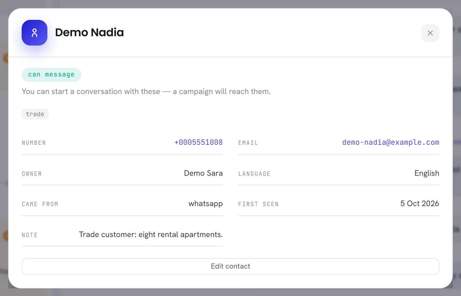 A contact’s details: the consent chip and what it means, a tag, then number, email, owner, language, where they came from, when they were first seen and a note.