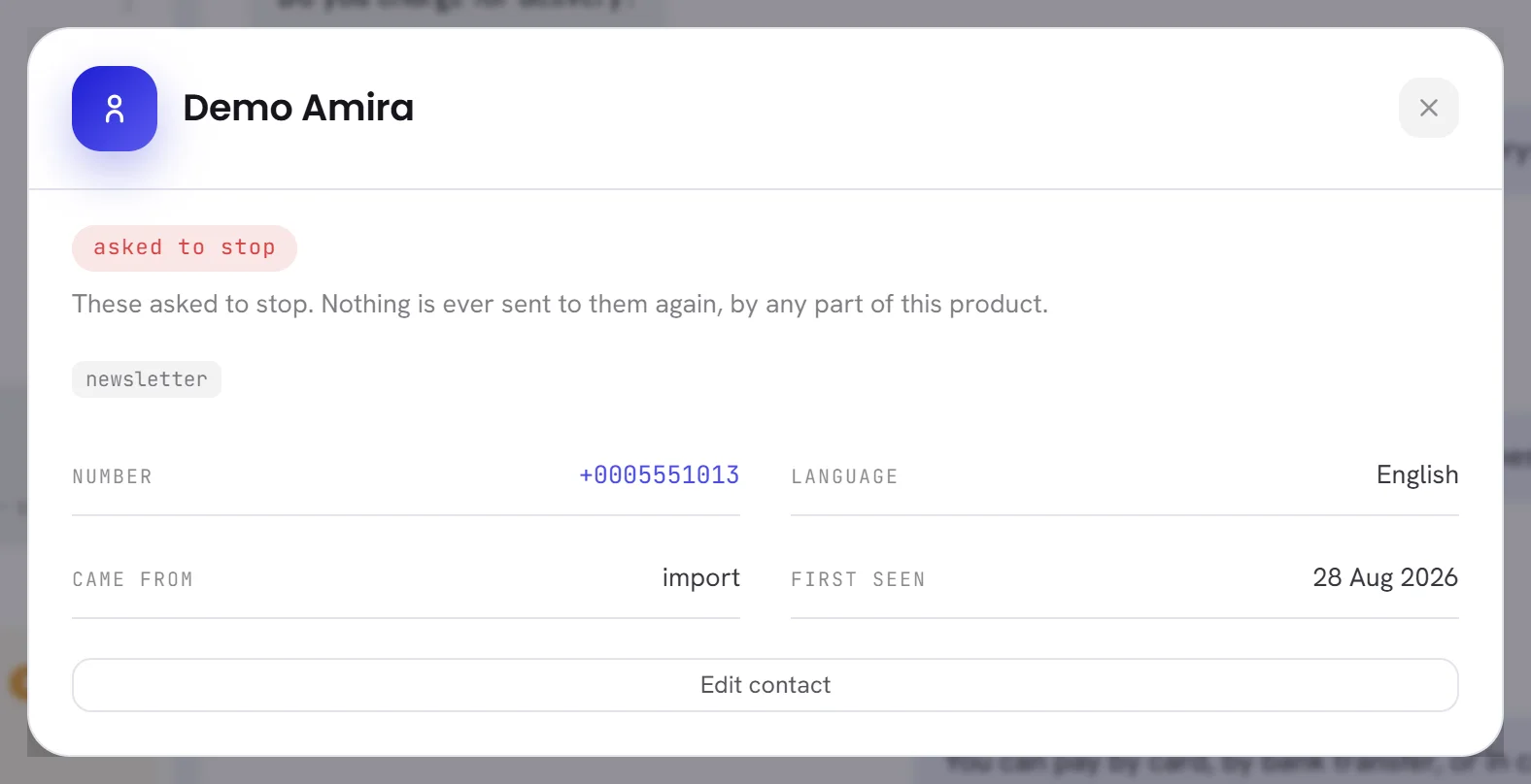 The details of a contact who asked to stop: a red chip, and the sentence saying nothing is ever sent to them again.