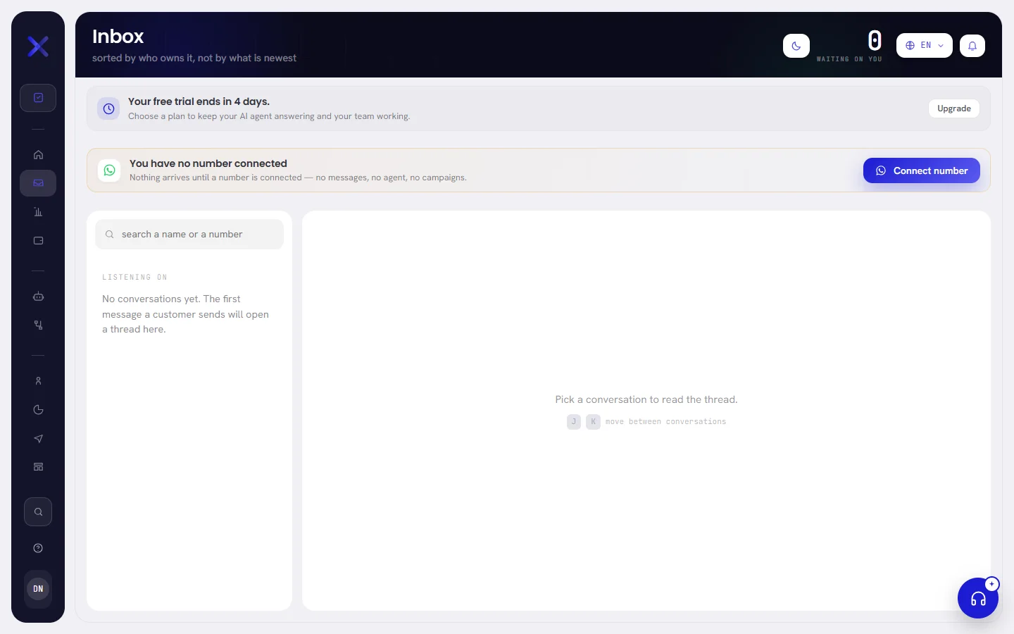 The inbox of a new workspace: no number connected, an empty list, and the words that no conversation has started yet.