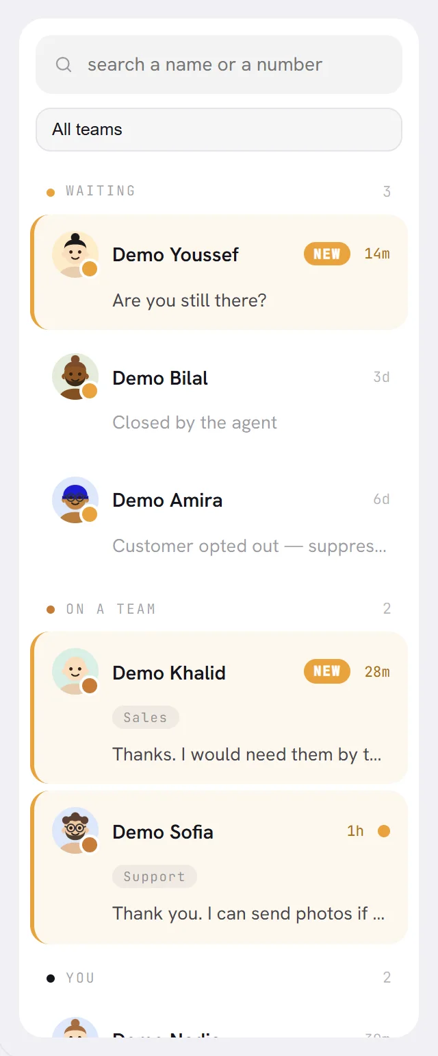 The list of conversations: the search box, the team menu, then the groups Waiting, On a team and You, each with its count.