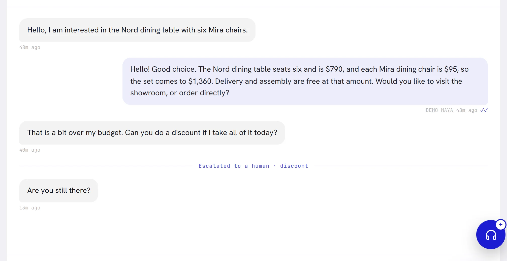 A conversation: the customer’s messages on the left, the agent’s reply on the right with its name and two ticks, and a line across the middle saying the agent handed it to a person.