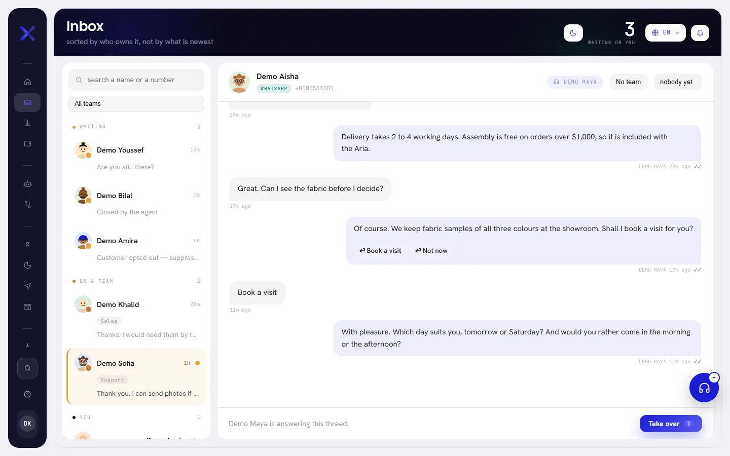 The inbox: the list of conversations grouped by who holds them and, beside it, a conversation the AI agent is answering.