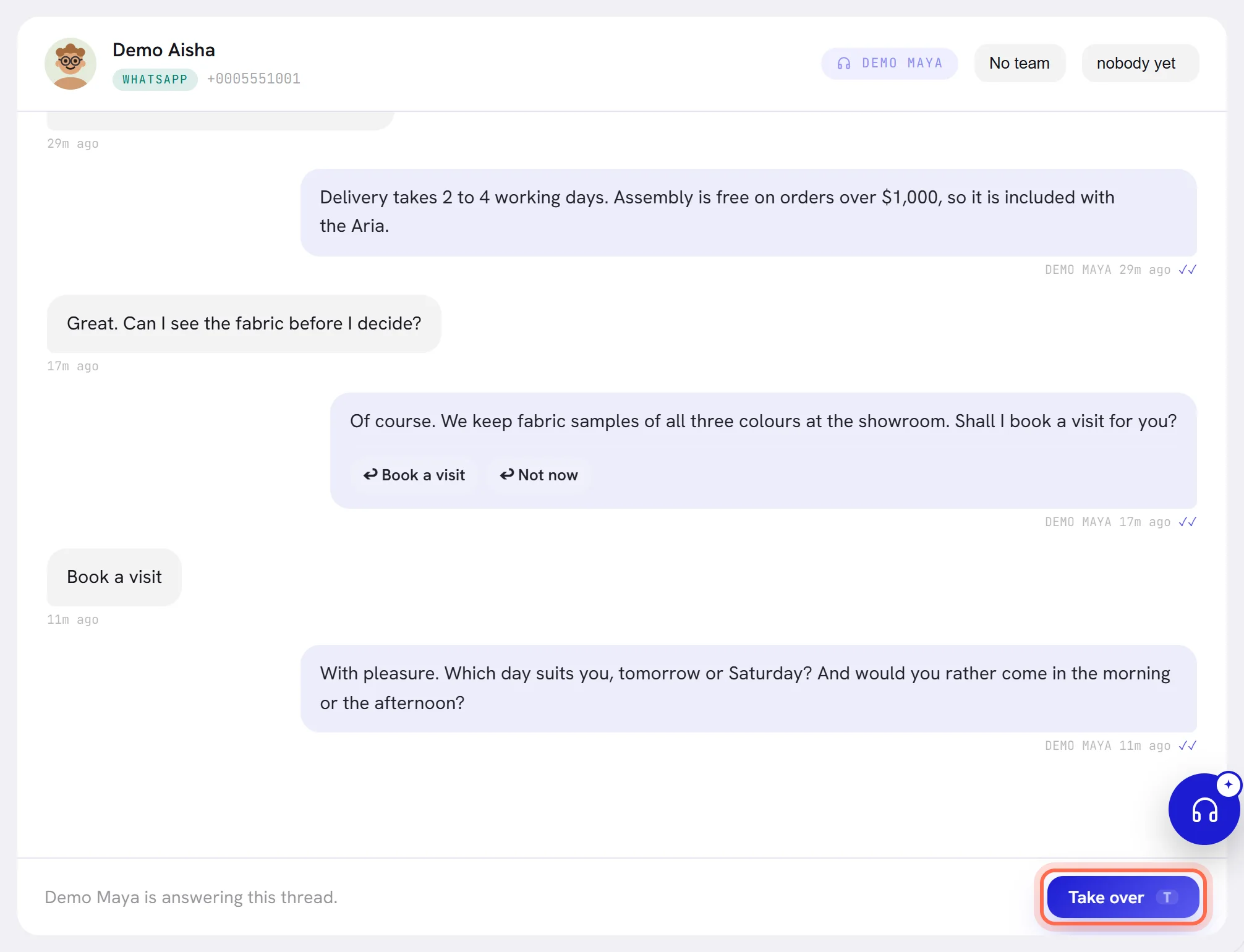 A conversation the agent is answering, with the Take over button ringed at the bottom.