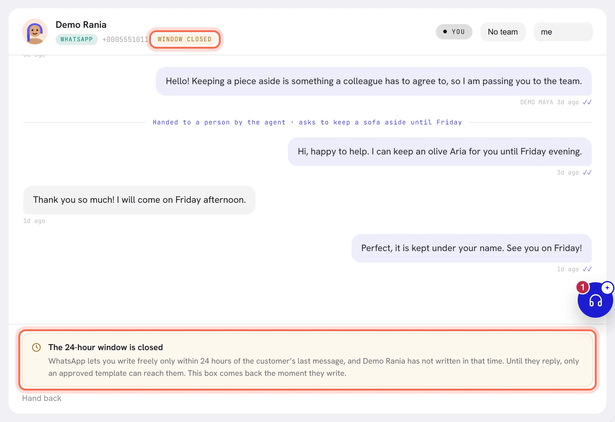 A conversation with Window closed beside the number at the top and, in place of the reply box, the notice that the 24-hour window is closed.