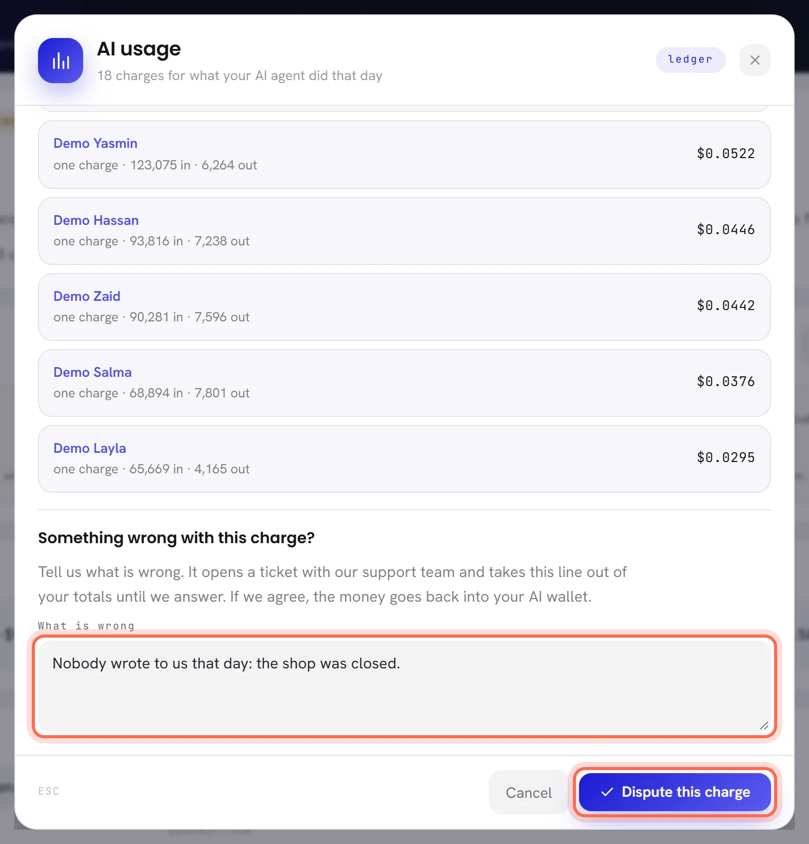 The foot of a charge’s window: Something wrong with this charge?, the box What is wrong with a sentence typed in it, and the Dispute this charge button, both ringed.