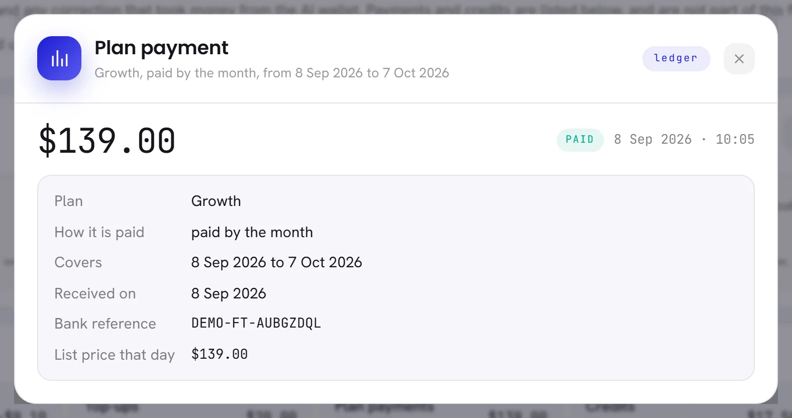 The window of a plan payment: the amount, the status Paid, and the plan, how it is paid, the days it covers, the day it was received, the bank reference and the list price that day.