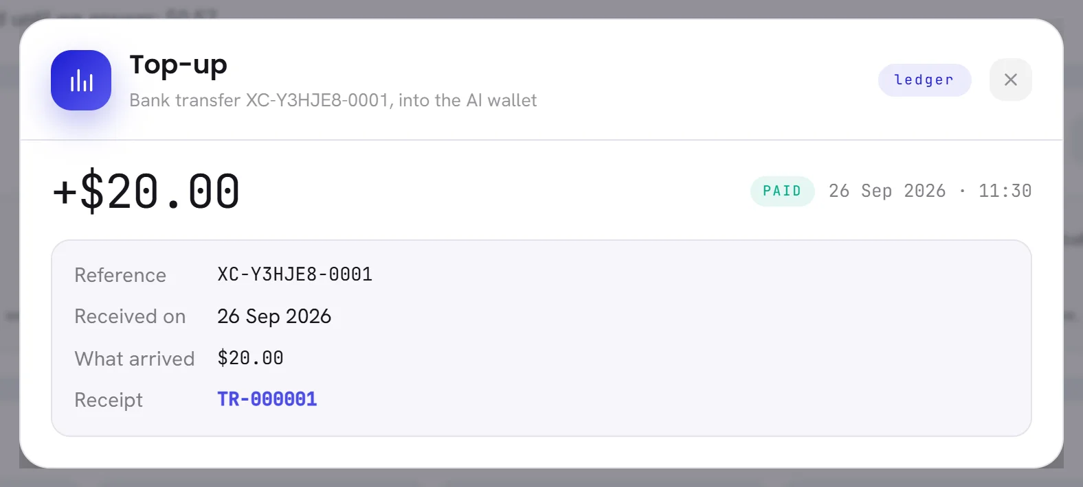 The window of a top-up: the amount with a plus sign, the status Paid, and the transfer’s reference, the day it was received, what arrived and its receipt.