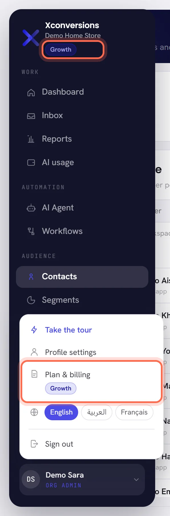 The menu, open: the plan’s badge under the workspace’s name at the top, and Plan & billing with the same badge in the account menu at the foot. Both are ringed.