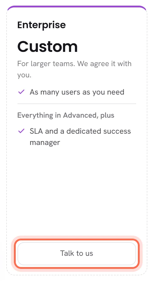 The last card of the plans: Custom in place of a price, and the Talk to us button ringed.