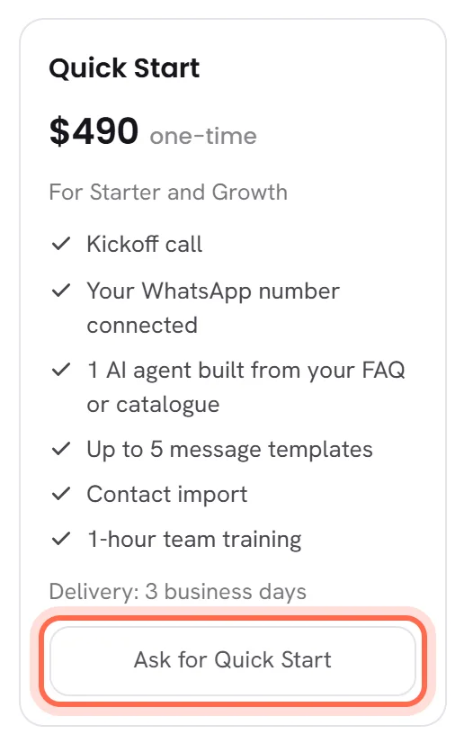 One package’s card: its name, its price, who it is for, what it includes, how long delivery takes, and its button ringed.