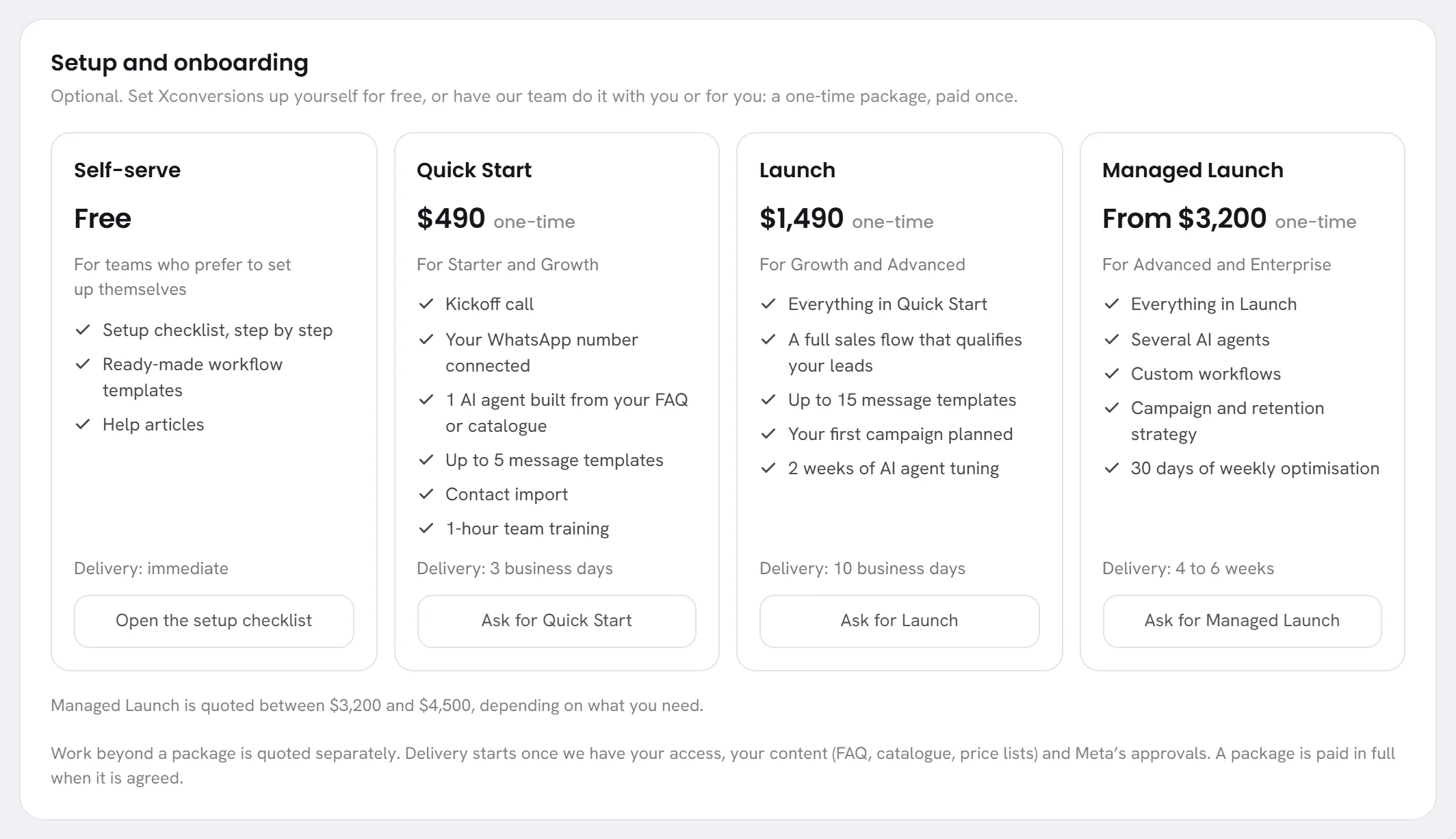 Setup and onboarding: four cards side by side, one free and three packages, each with who it is for, what it includes, how long delivery takes and a button.