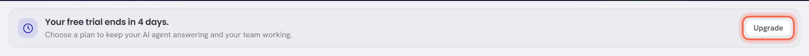 The banner of a free trial: how many days are left, a line about choosing a plan, and the Upgrade button ringed.