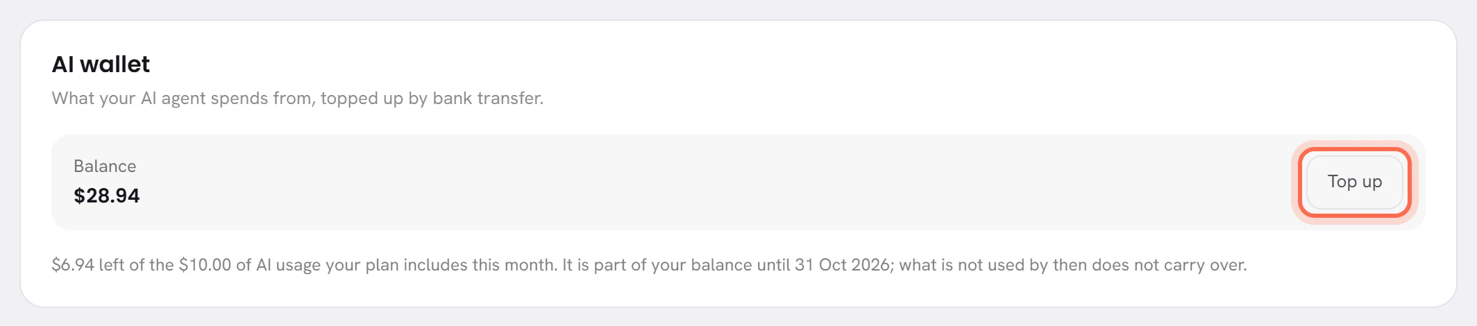 The AI wallet card: the balance, the Top up button ringed, and how much is left of the AI usage the plan includes this month.