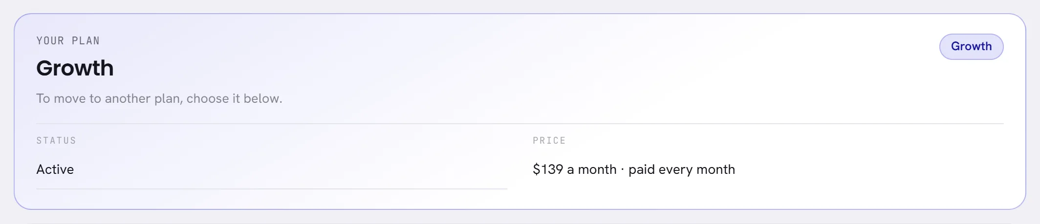 The Your plan card: the plan’s name and badge, its status and its price a month.
