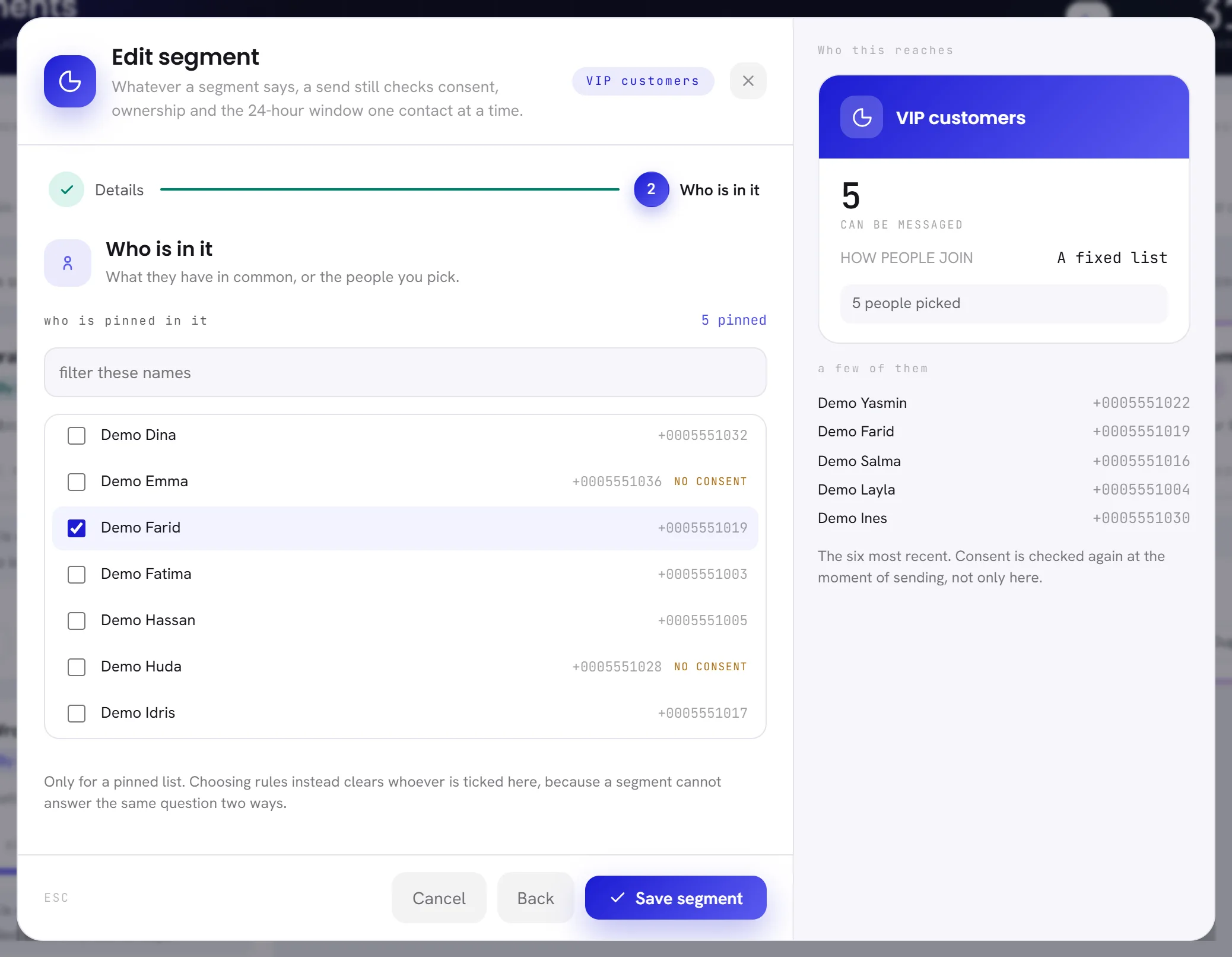 The Who is in it step of a fixed list: a box to filter the names, contacts with tick boxes, one of them ticked, two marked No consent, and 5 pinned.
