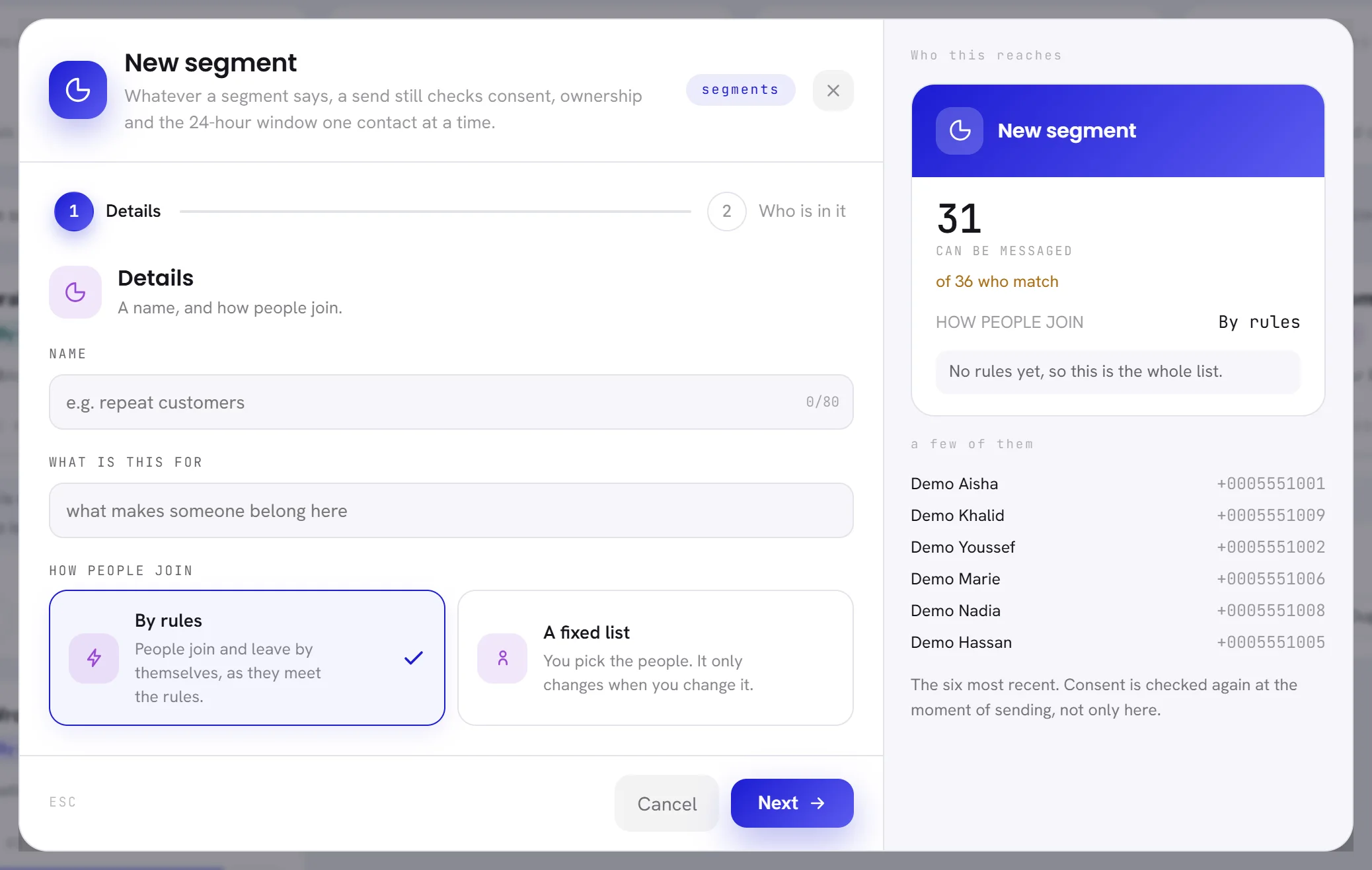 The New segment window on its Details step: Name, What is this for, the two ways people join, and Who this reaches on the right.