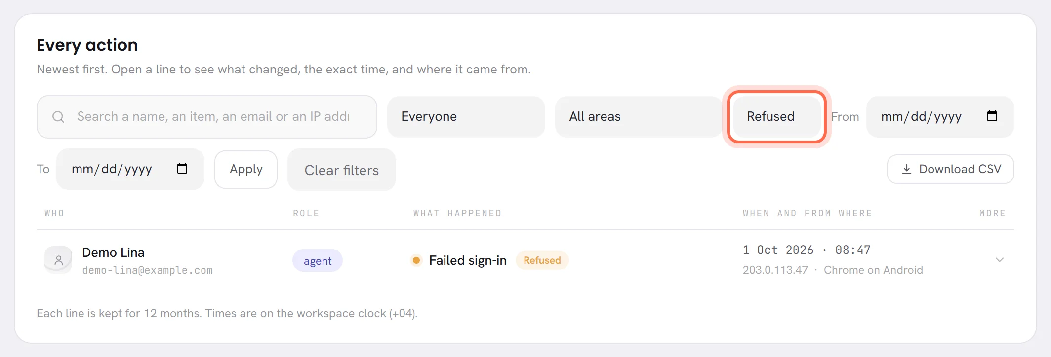 The log filtered to the result Refused, with that filter ringed: one line is left, a failed sign-in, and the Clear filters link has appeared beside Apply.