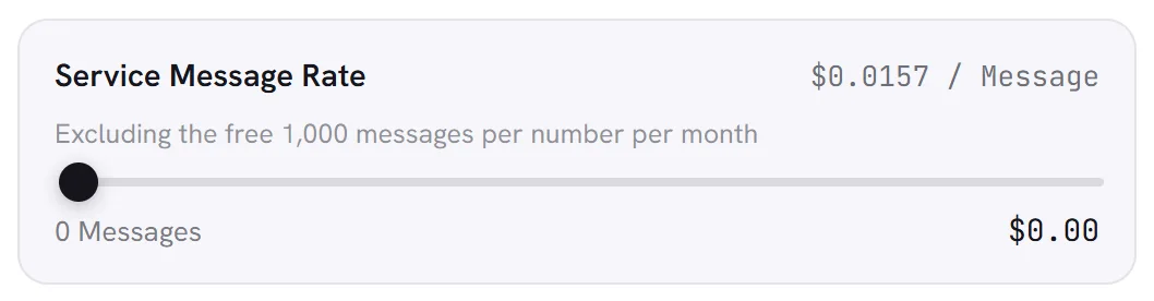 One row of the calculator, the service message rate: the rate for one message, the line about the free messages of each number, the slider, the number of messages and the amount.