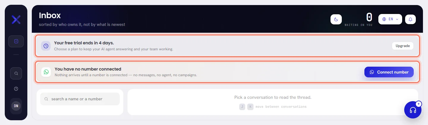 Two banners under the band of a new workspace: Your free trial ends in 4 days, with Upgrade, and You have no number connected, with Connect number.