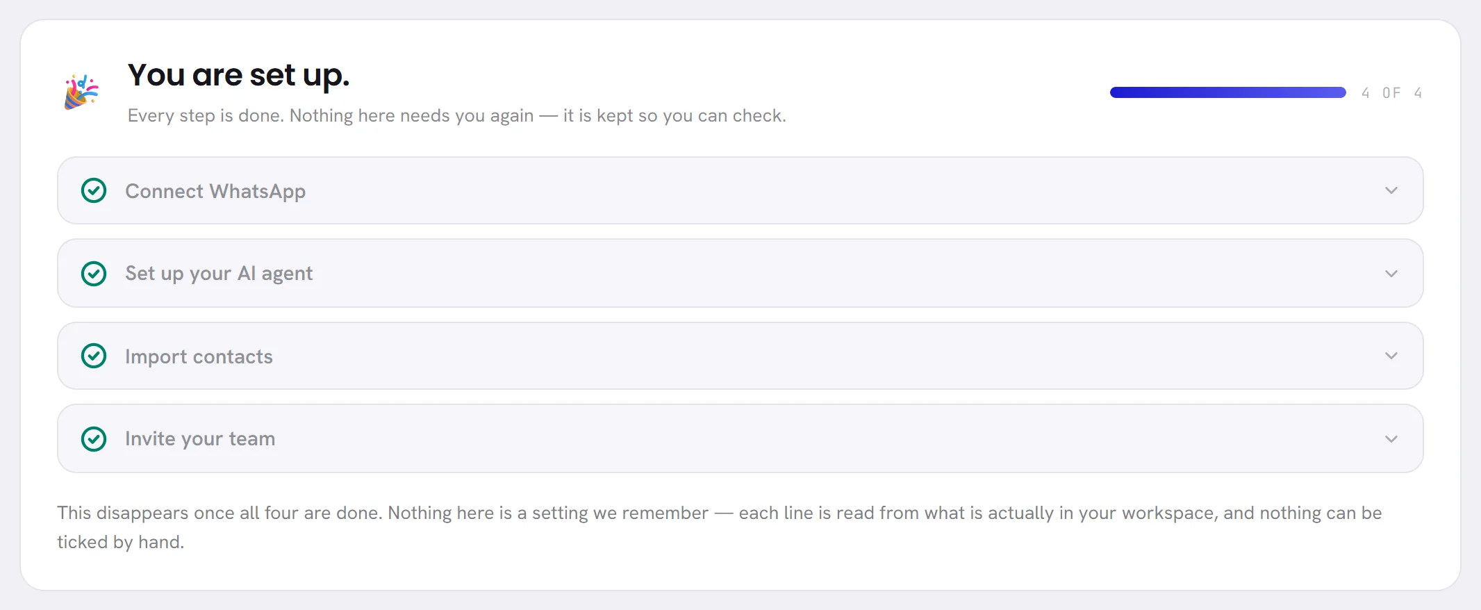 The checklist of a workspace that has finished: You are set up, the bar at 4 of 4, and four steps with a green tick.